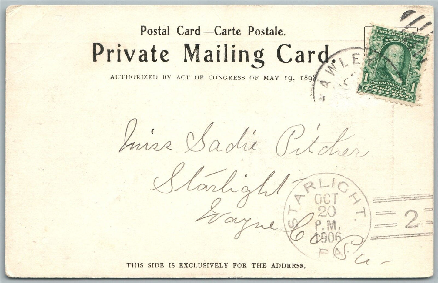 HAWLEY PA KEYSTONE STREET 1906 PRIVATE MAILING CARD ANTIQUE POSTCARD