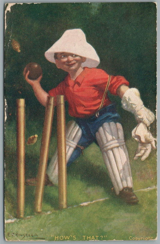 ARTIST SIGNED E. KINSELLA ANTIQUE POSTCARD CRICKET PLAYER