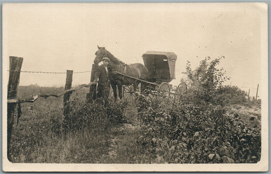 MAN w/ HORSE DRAWN LIGHT CAARRIAGE ANTIQUE REAL PHOTO POSTCARD RPPC