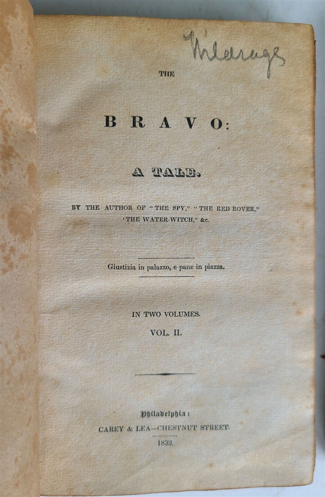 1831-1832 FENIMORE COOPER THE BRAVO 2 VOLUMES antique 1st EDITION