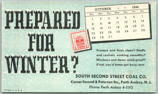 PERTH AMBOY NJ SOUTH SECONDSTREET COAL CO. ADVERTISING 1944 VINTAGE CARD
