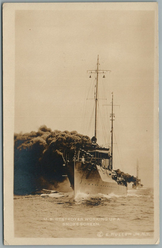 SHIP US DESTROYER WORKING UP A SMOKE SCREEN ANTIQUE REAL PHOTO POSTCARD RPPC