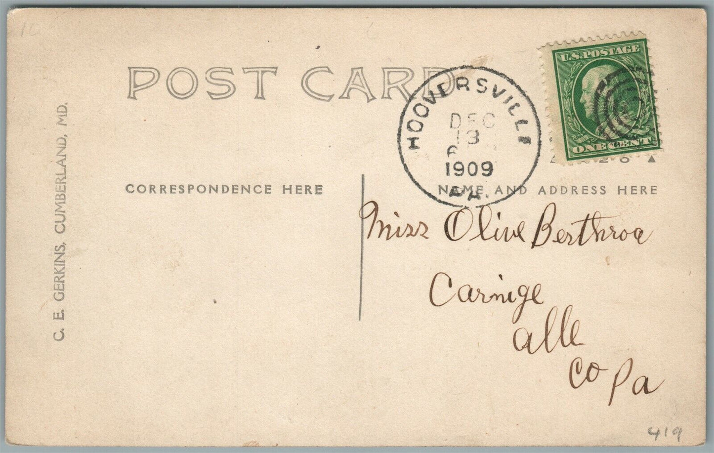 HOOVERSVILLE PA U.B. CHURCH ANTIQUE REAL PHOTO POSTCARD RPPC