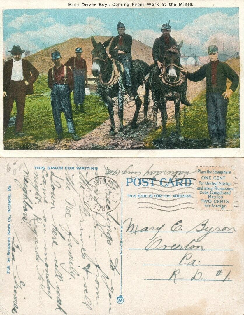 MULE DRIVER BOYS COMING FROM WORK AT MINES 1936 VINTAGE POSTCARD