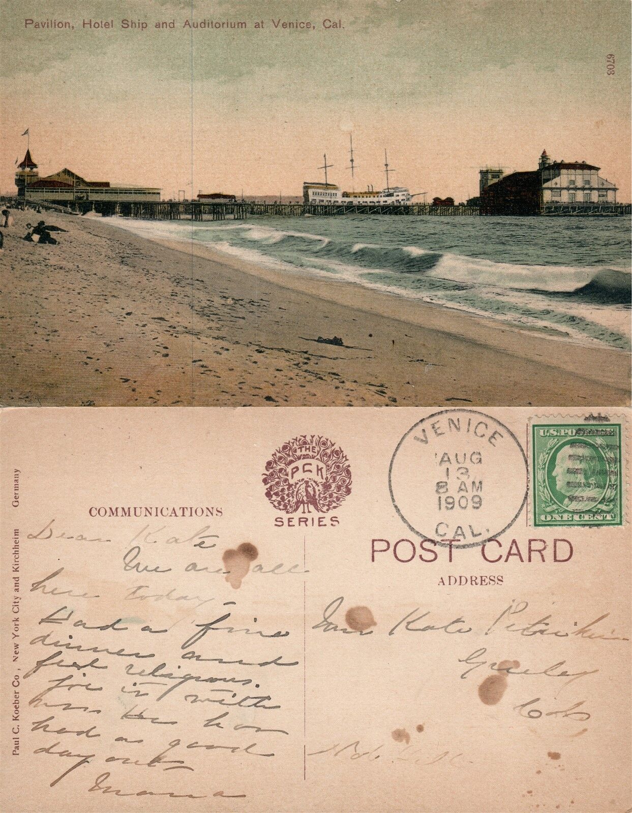 VENICE CA PAVILLION HOTEL SHIP & AUDITORIUM 1909 ANTIQUE POSTCARD