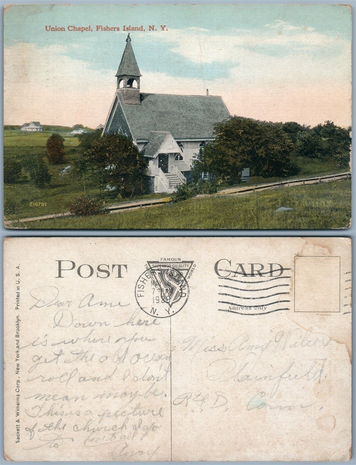 FISHERS ISLAND N.Y. UNION CHAPEL ANTIQUE 1929 POSTCARD