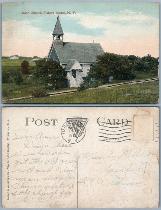 FISHERS ISLAND N.Y. UNION CHAPEL ANTIQUE 1929 POSTCARD