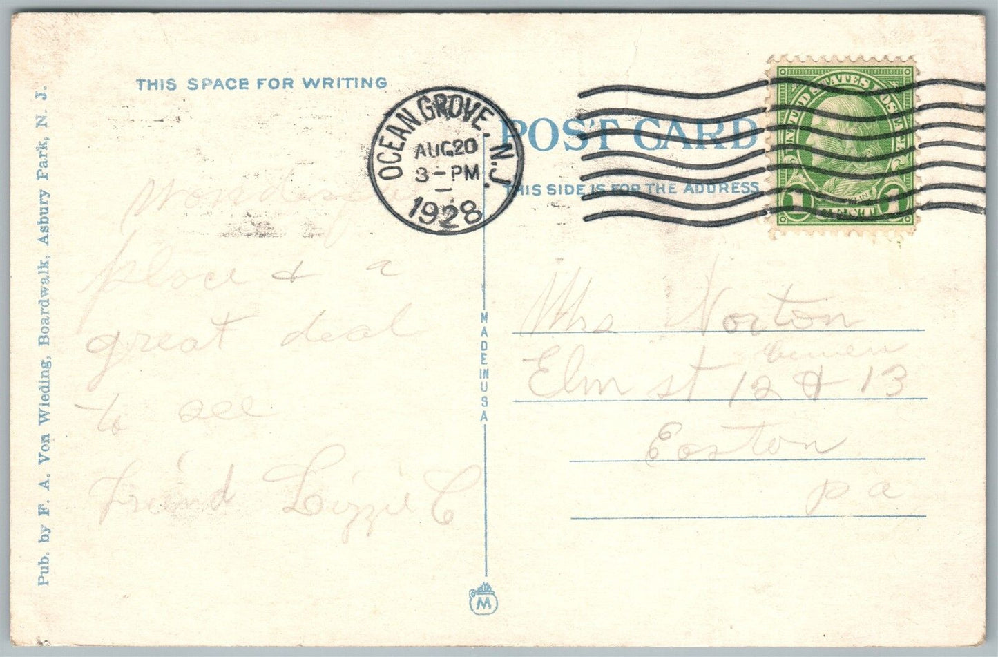 OCEAN GROVE N.J. SCENE ON BOARDWALK 1928 ANTIQUE POSTCARD