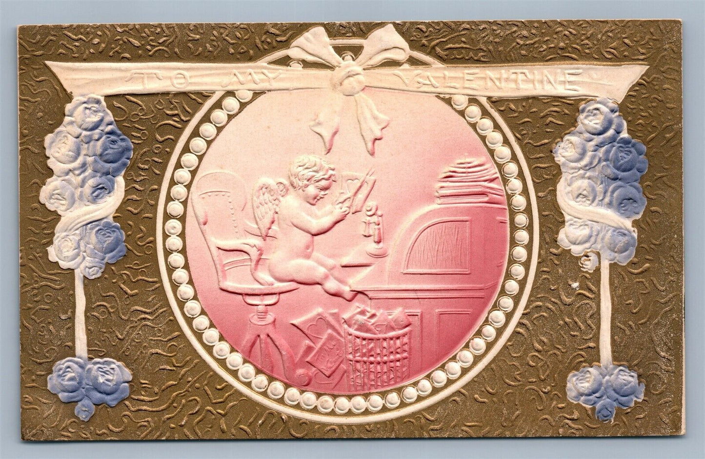 VALENTINE DEEPLY EMBOSSED ANTIQUE POSTCARD CUPID w/ LETTERS