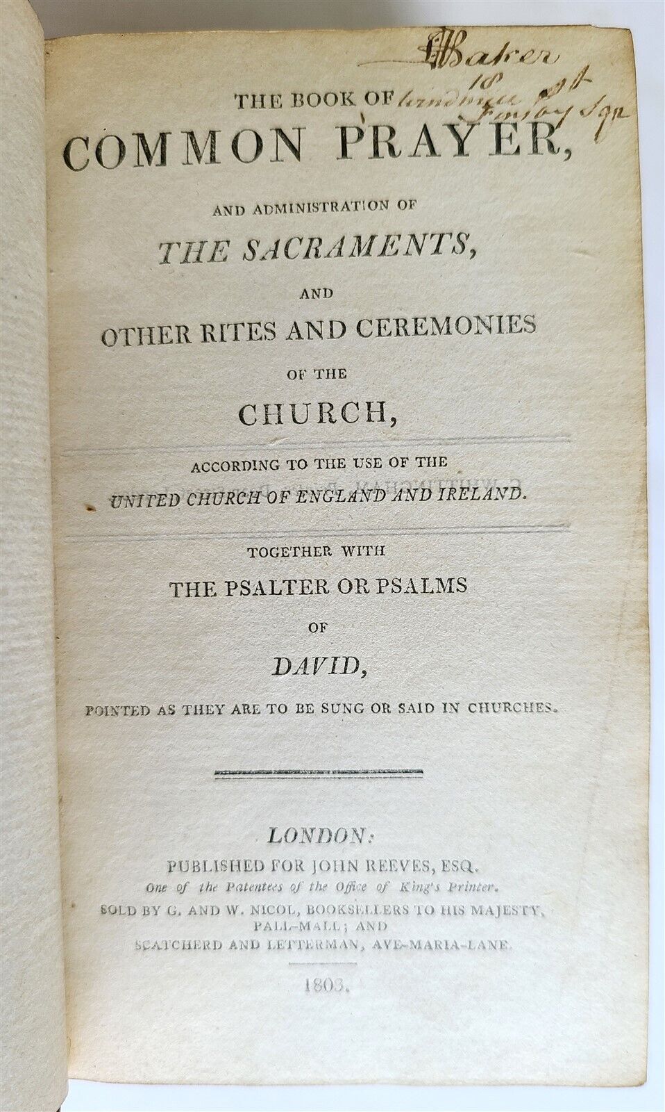 1803 BOOK OF COMMON PRAYER & PSALTER ENGLISH ANTIQUE John Reeves MOROCCO BOUND