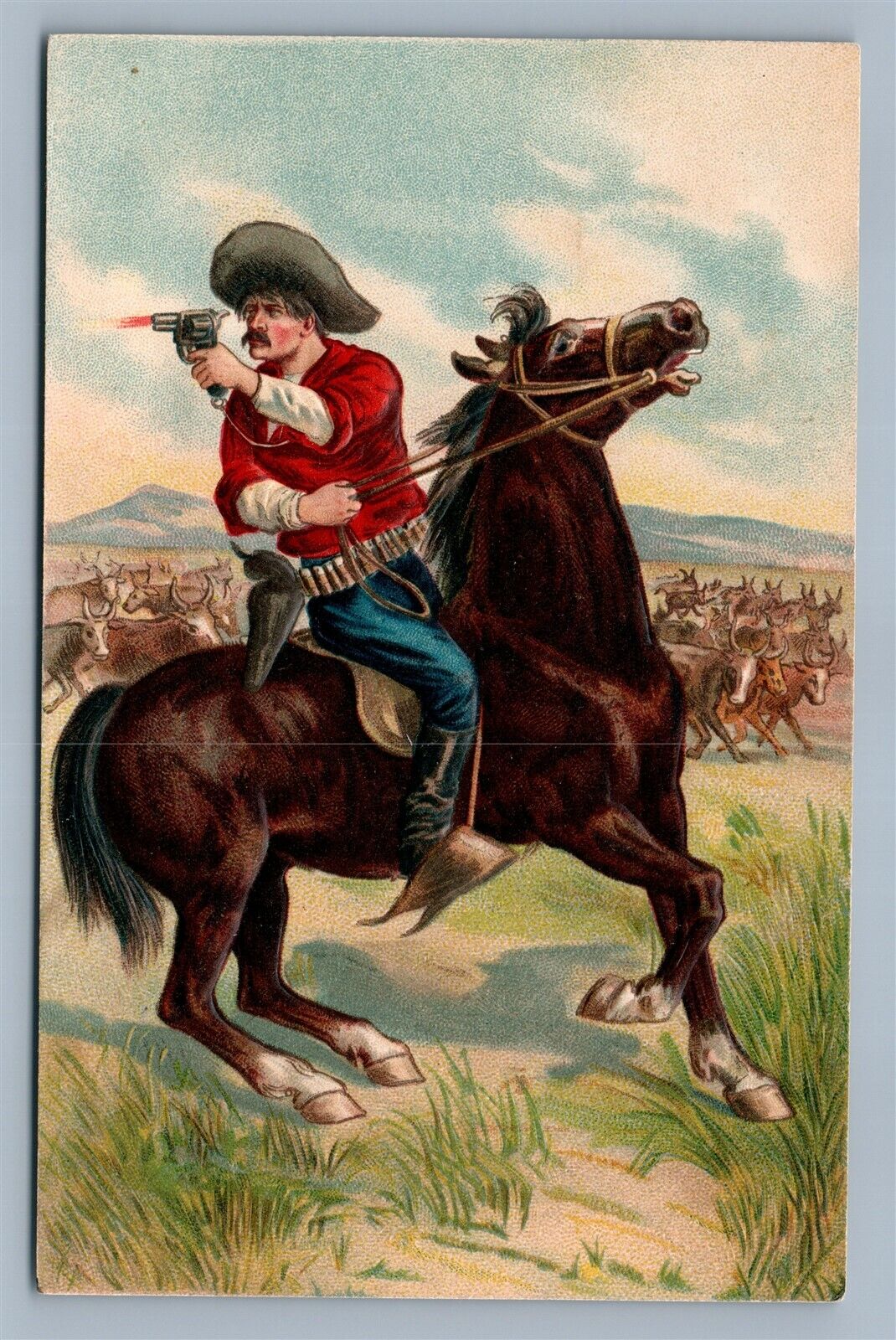 COWBOY on HORSE w/ HAND GUN EMBOSSED ANTIQUE POSTCARD