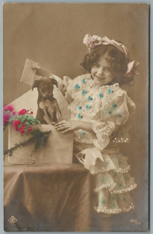 PUPPY GIFT ANTIQUE REAL PHOTO POSTCARD RPPC