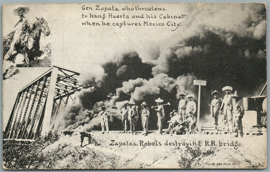 MEXICAN WAR GENERAL ZAPATA DESTROYING RAILROAD BRIDGE ANTIQUE POSTCARD