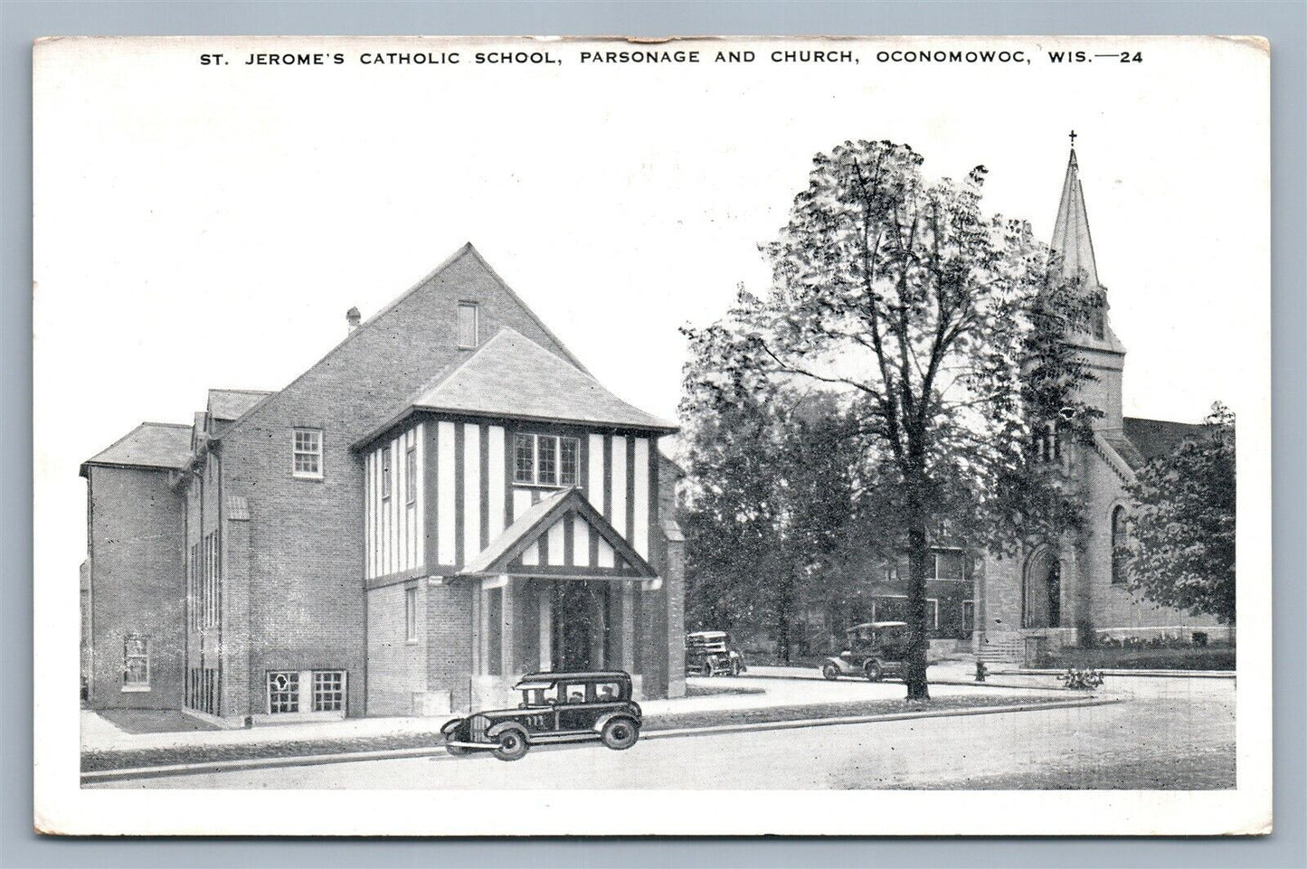 OCONOMOWOC WI ST.JEROME'S SCHOOL & CHURCH VINTAGE POSTCARD