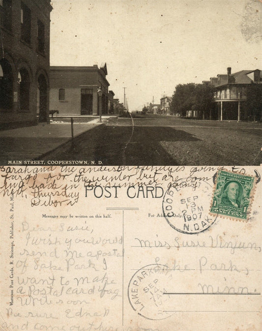 COOPERSTOWN N.D. MAIN STREET 1907 ANTIQUE POSTCARD