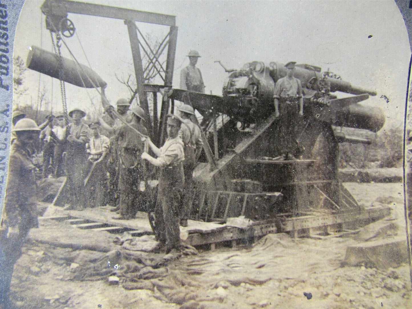 ARTILLERY FEEDING GRANNIE SHELL HOISTED INTO POSITION WWI STEREOVIEW PHOTO