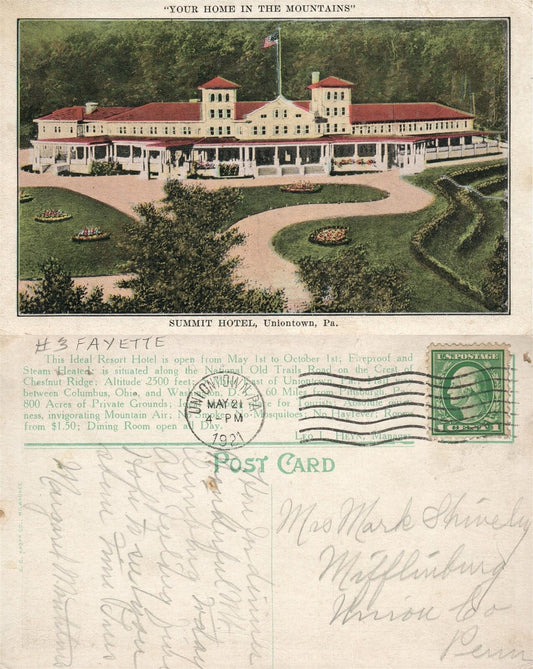 UNIONTOWN PA SUMMIT HOTEL 1921 VINTAGE POSTCARD