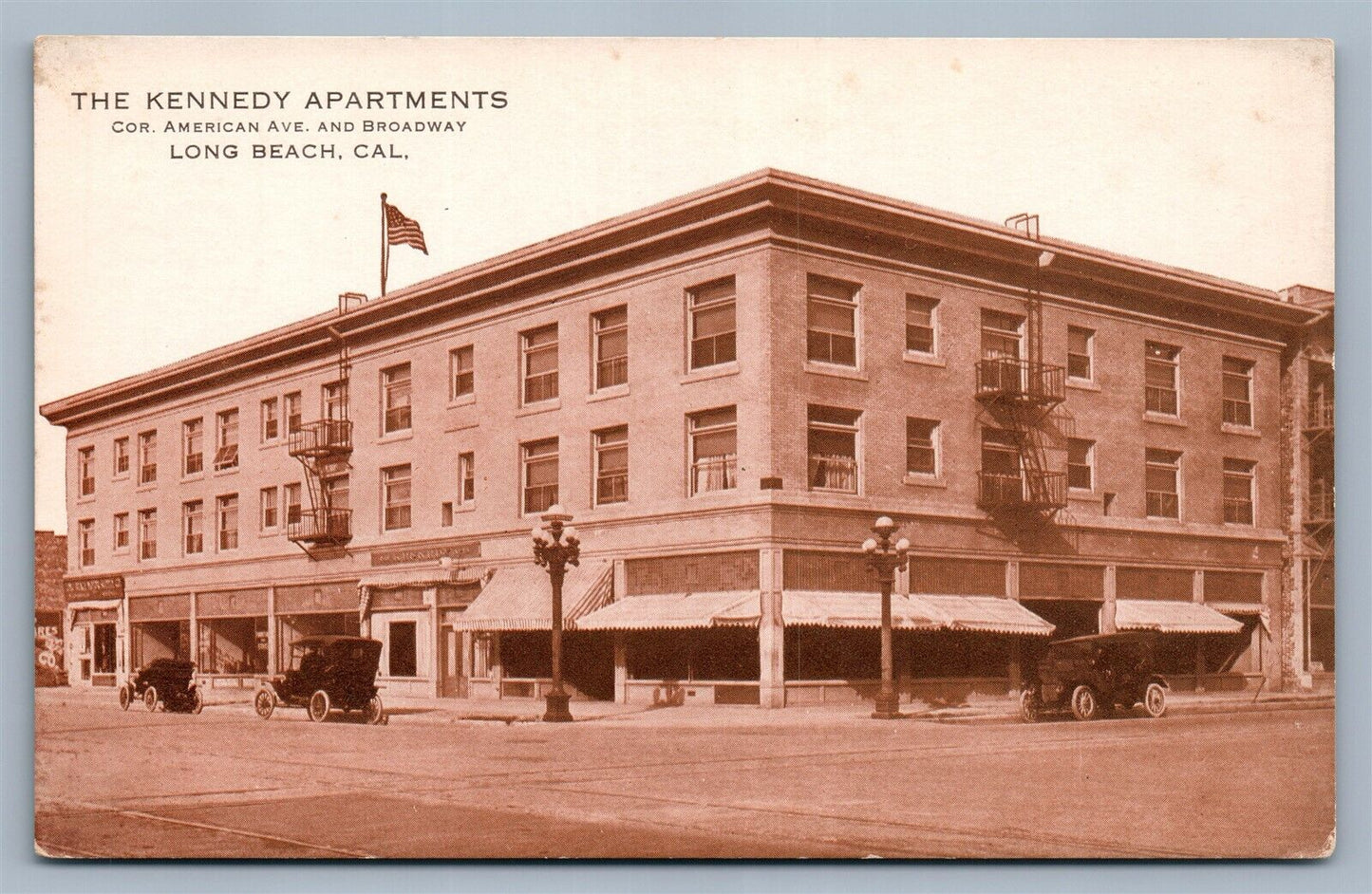 LONG BEACH CA KENNEDY APARTMENTS AMERICAN AVE. & BROADWAY ANTIQUE POSTCARD