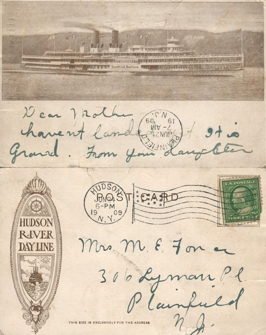 HUDSON RIVER DAY LINE SHIP N.Y. 1909 UNDIVIDED ANTIQUE POSTCARD