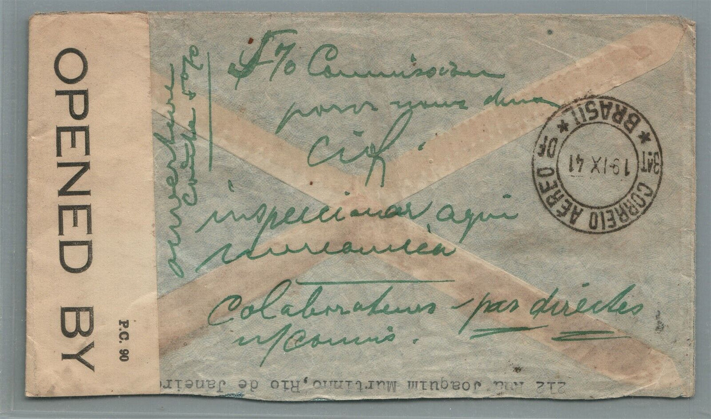 BRAZIL to USA 1941 VINTAGE COVER w/ WWII EXAMINER STAMP