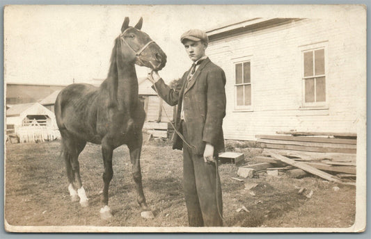 YOUNG MAN w/ HORSE ANTIQUE REAL PHOTO POSTCARD RPPC