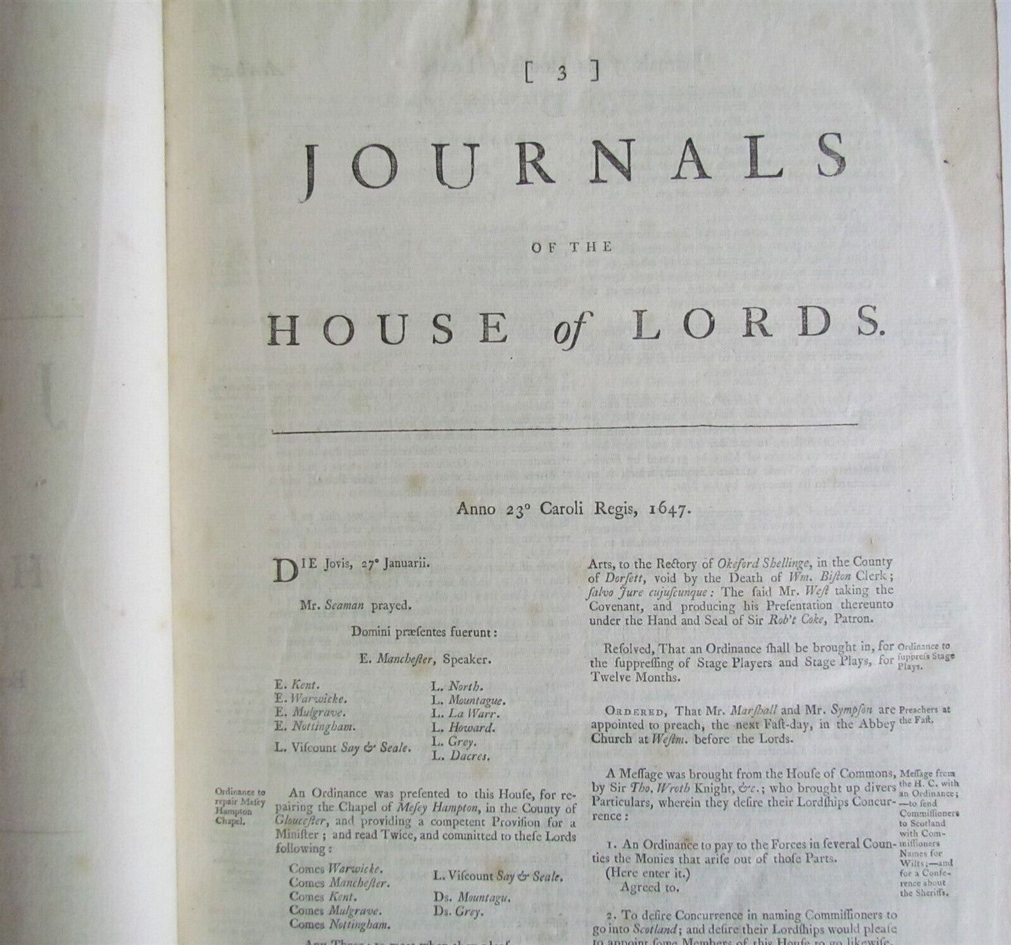 JOURNALS OF THE HOUSE OF LORDS 1647-1648 large folio antique in ENGLISH