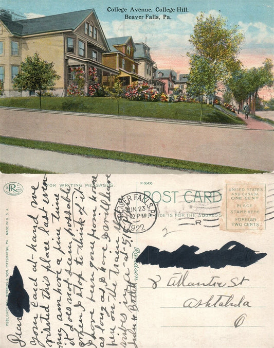 BEAVERS FALLS PA COLLEGE AVENUE COLLEGE HILL 1922 ANTIQUE POSTCARD