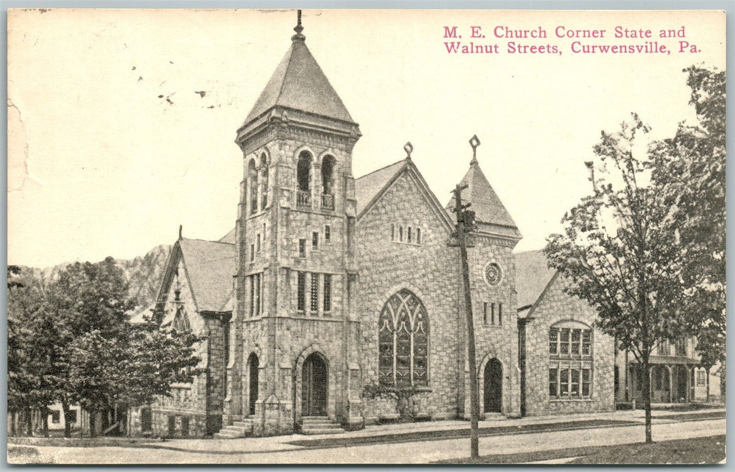 CURWENSVILLE PA WALNUT & STATE M.E. CHURCH 1918 STREET ANTIQUE POSTCARD