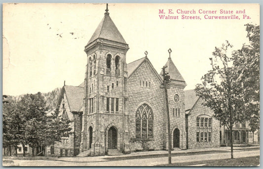 CURWENSVILLE PA WALNUT & STATE M.E. CHURCH 1918 STREET ANTIQUE POSTCARD
