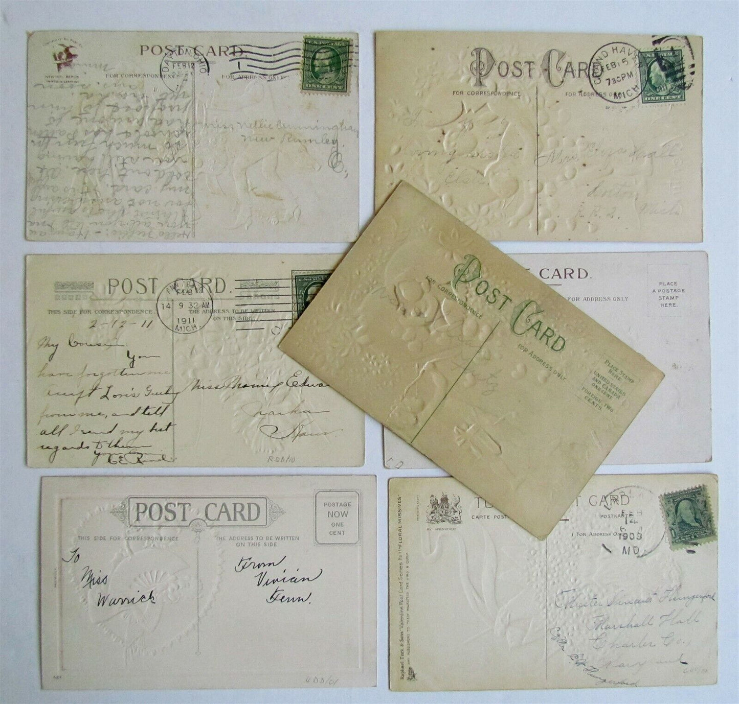 VALENTINE LOT of 7 ANTIQUE POSTCARDS