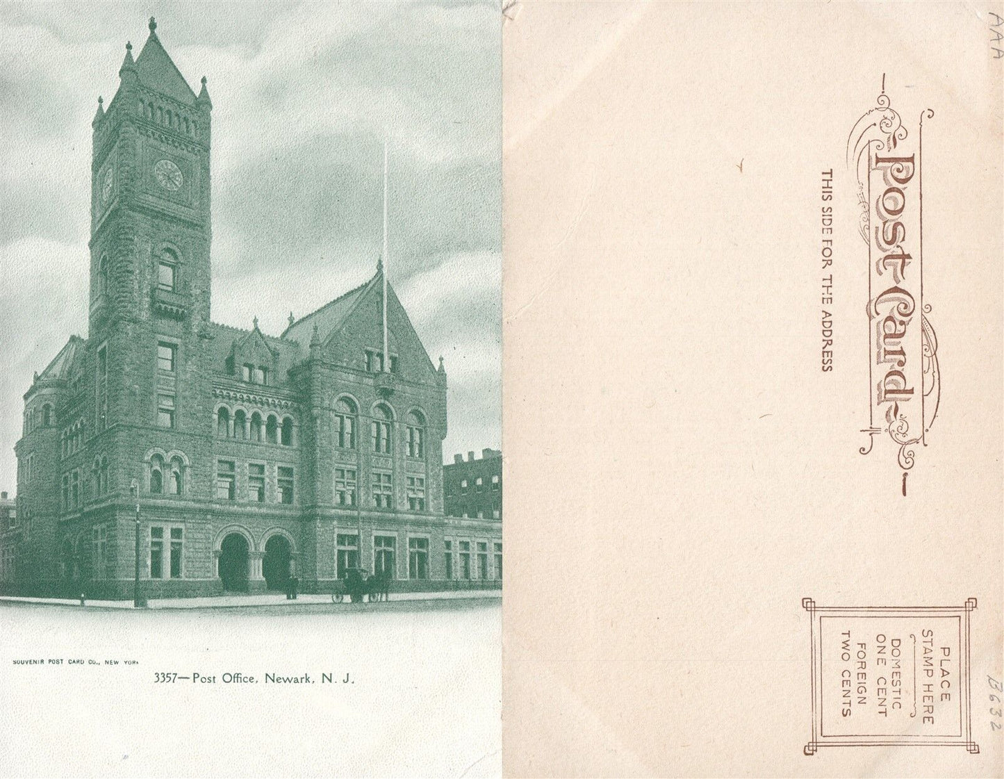 NEWARK N.J. POST OFFICE UNDIVIDED ANTIQUE POSTCARD