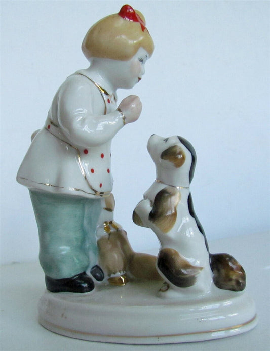 RUSSIAN 1950s PORCELAIN FIGURE GIRL w/ DOG & DOLL vintage