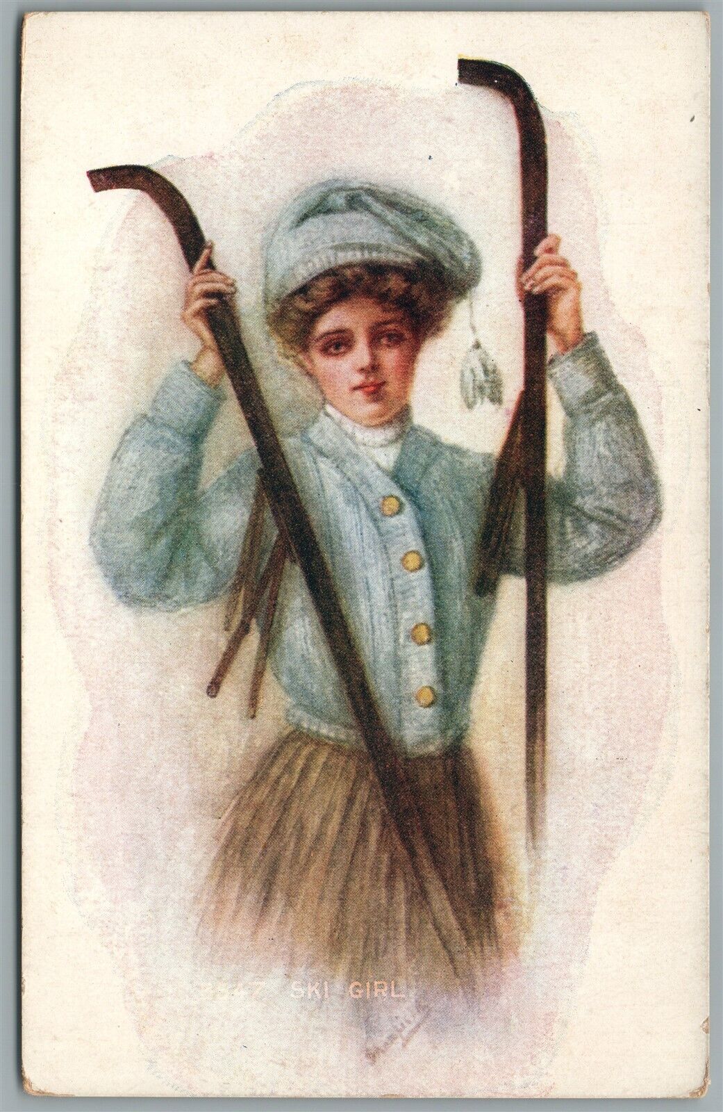 SKIING GIRL ANTIQUE POSTCARD