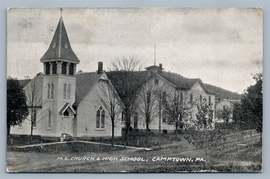 CAMPTOWN PA M.E. CHURCH & HIGH SCHOOL 1914 ANTIQUE POSTCARD