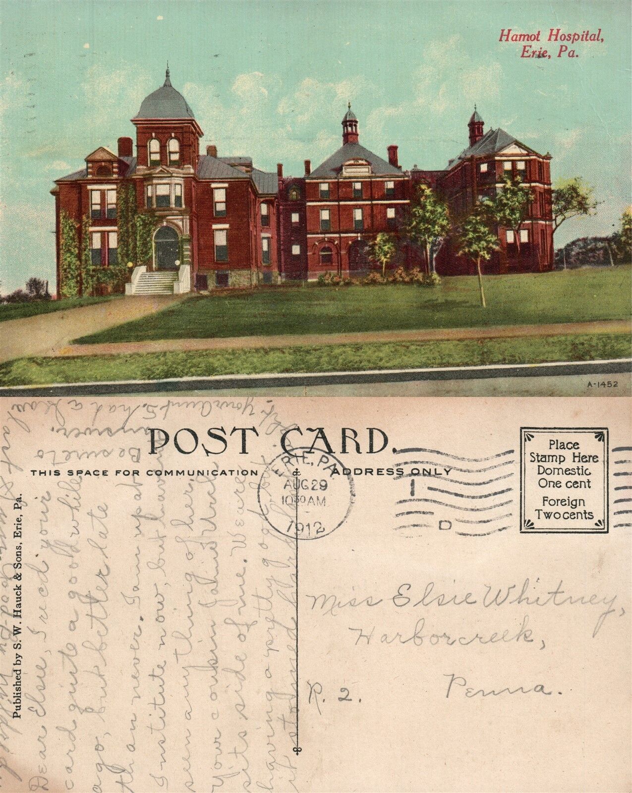 ERIE PA HAMOT HOSPITAL ANTIQUE 1912 POSTCARD