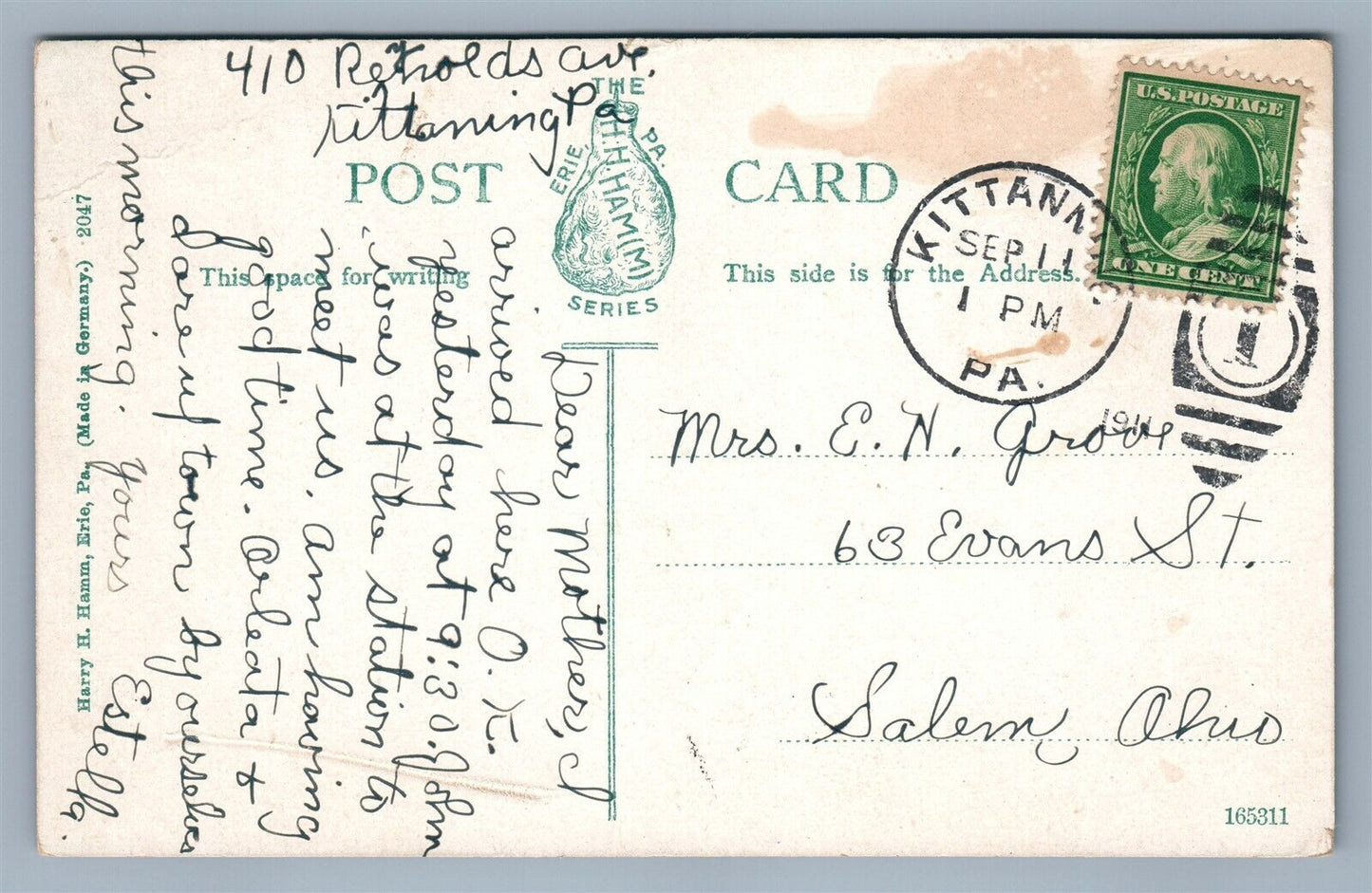 KITTANNING PA REYNOLDS HOUSE ANTIQUE POSTCARD