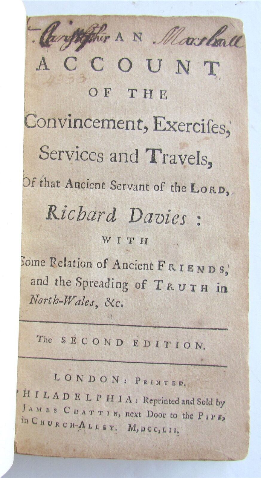 1752 Account of Exercises Services & Travels of Richard Davies antique AMERICANA