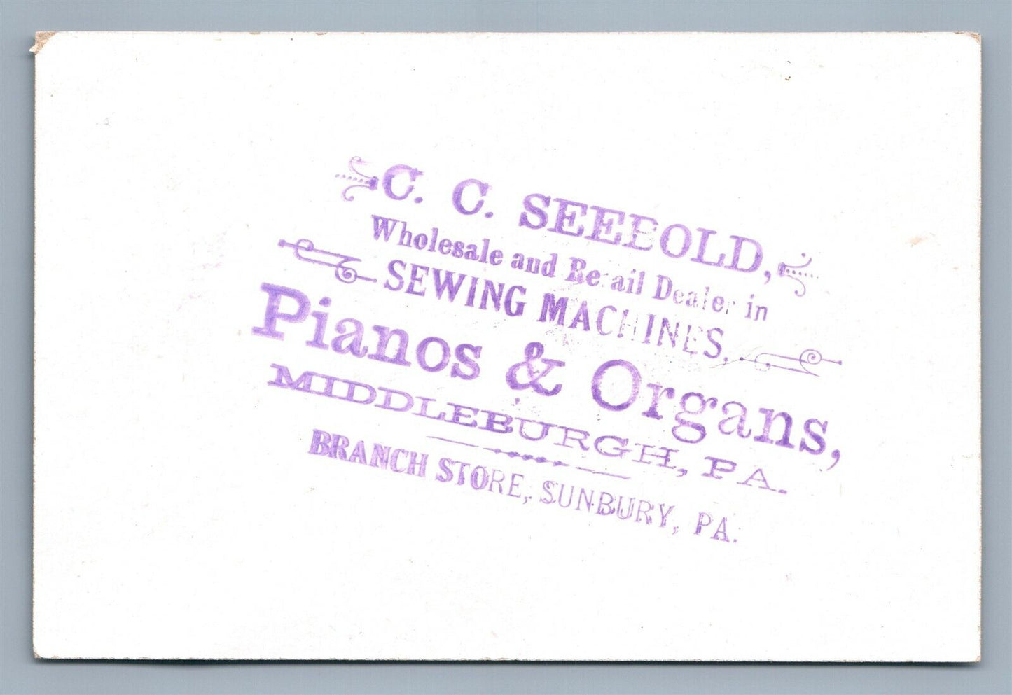 MIDDLEBURGH & SUNBURY PA ANTIQUE VICTORIAN TRADE CARD PIANOS STORE ADVERTISING