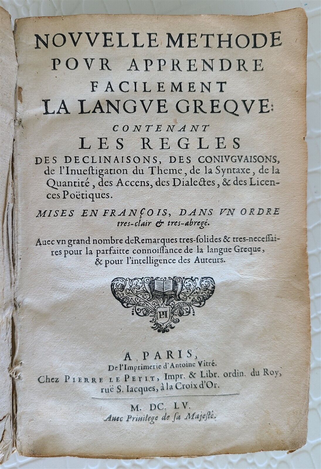 1655 GREEK LANGUAGE STUDY BOOK FRENCH TEXTBOOK antique vellum binding RARE