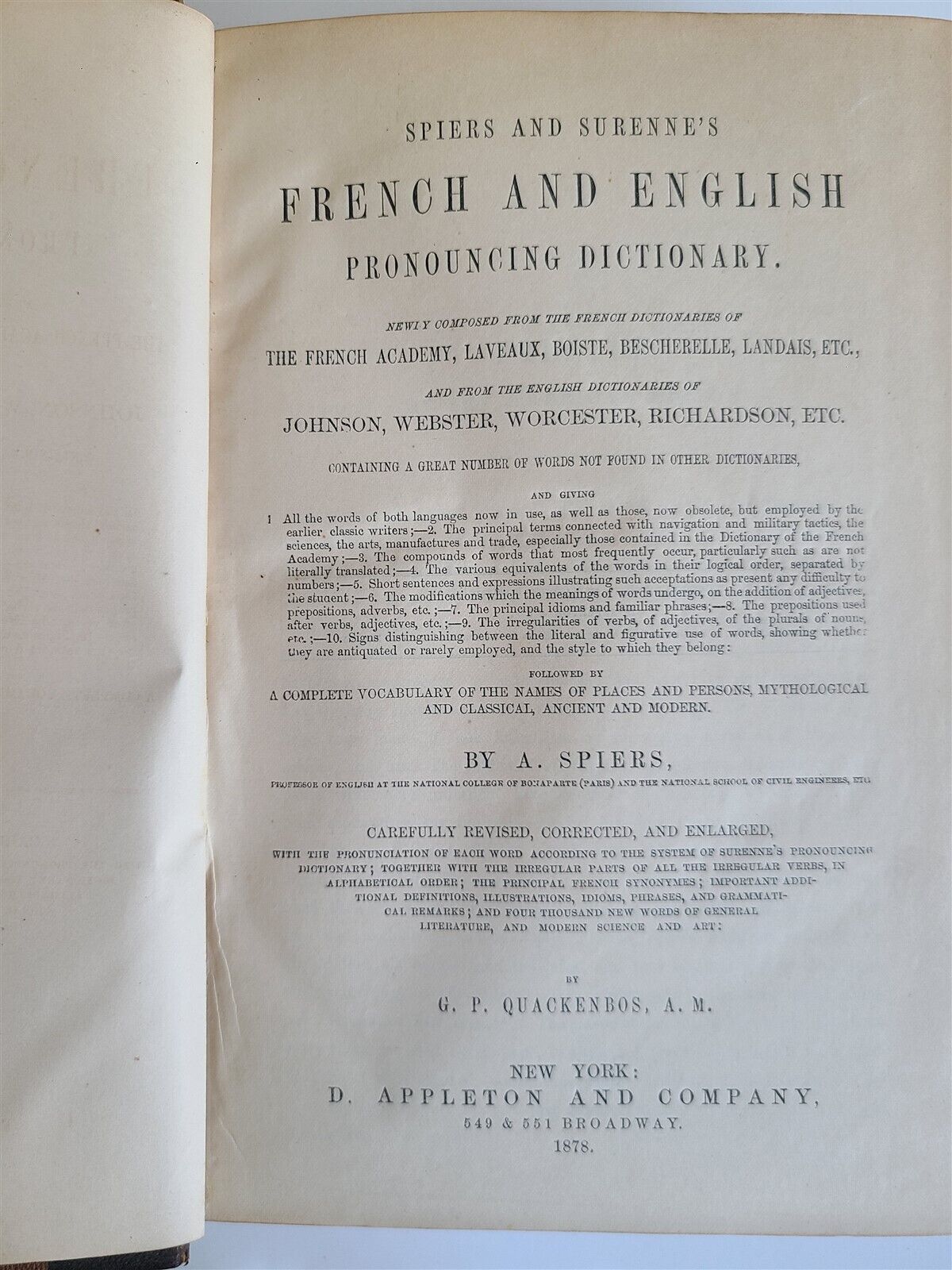 1878 FRENCH & ENGLISH PRONOUNCING DICTIONARY by Spiers antique AMERICAN EDITION