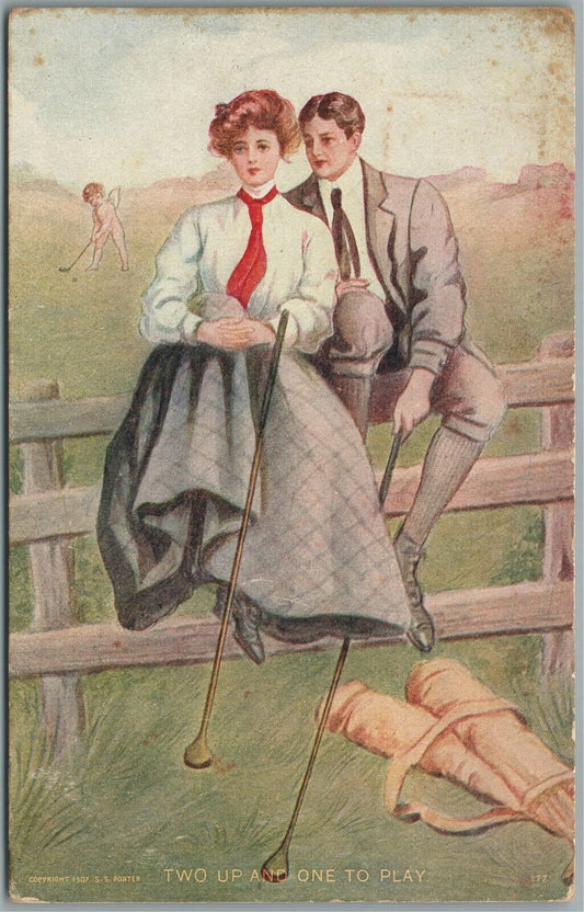 GOLF PLAYERS ROMANTIC ANTIQUE POSTCARD