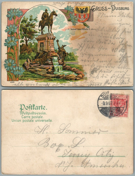 DUISBURG GERMANY KAISER WILHELM I MONUMENT ANTIQUE ART POSTCARD w/ STAMP