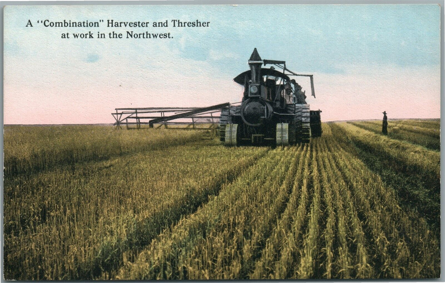 HARVESTER & THRESHER AT WORK IN THE NORTHWEST ANTIQUE POSTCARD