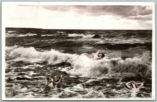 GIRLS in the OCEAN ANTIQUE REAL PHOTO POSTCARD RPPC PHOTOMONTAGE