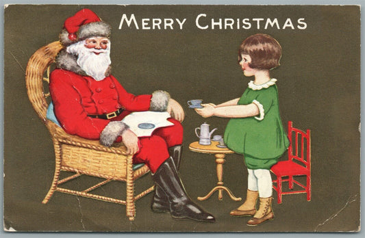 SANTA TEA CEREMONY CHRISTMAS ANTIQUE POSTCARD