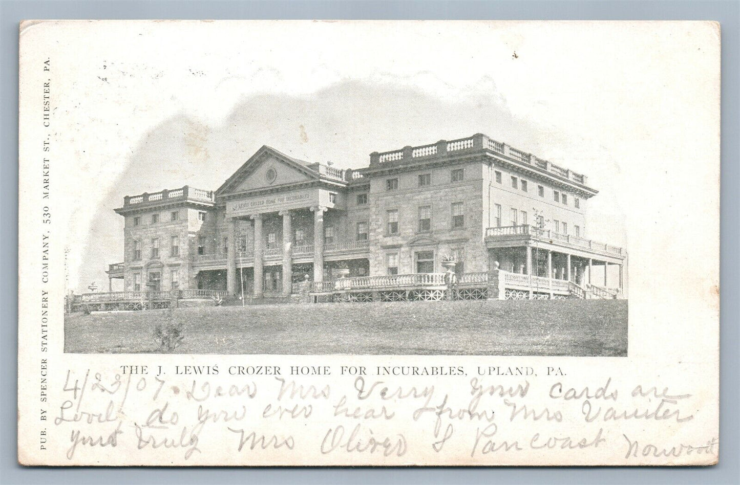 UPLAND PA J.LEWIS CROZER HOME FOR INCURABLES ANTIQUE POSTCARD w/ CORK CANCEL