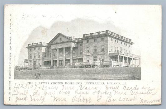 UPLAND PA J.LEWIS CROZER HOME FOR INCURABLES ANTIQUE POSTCARD w/ CORK CANCEL