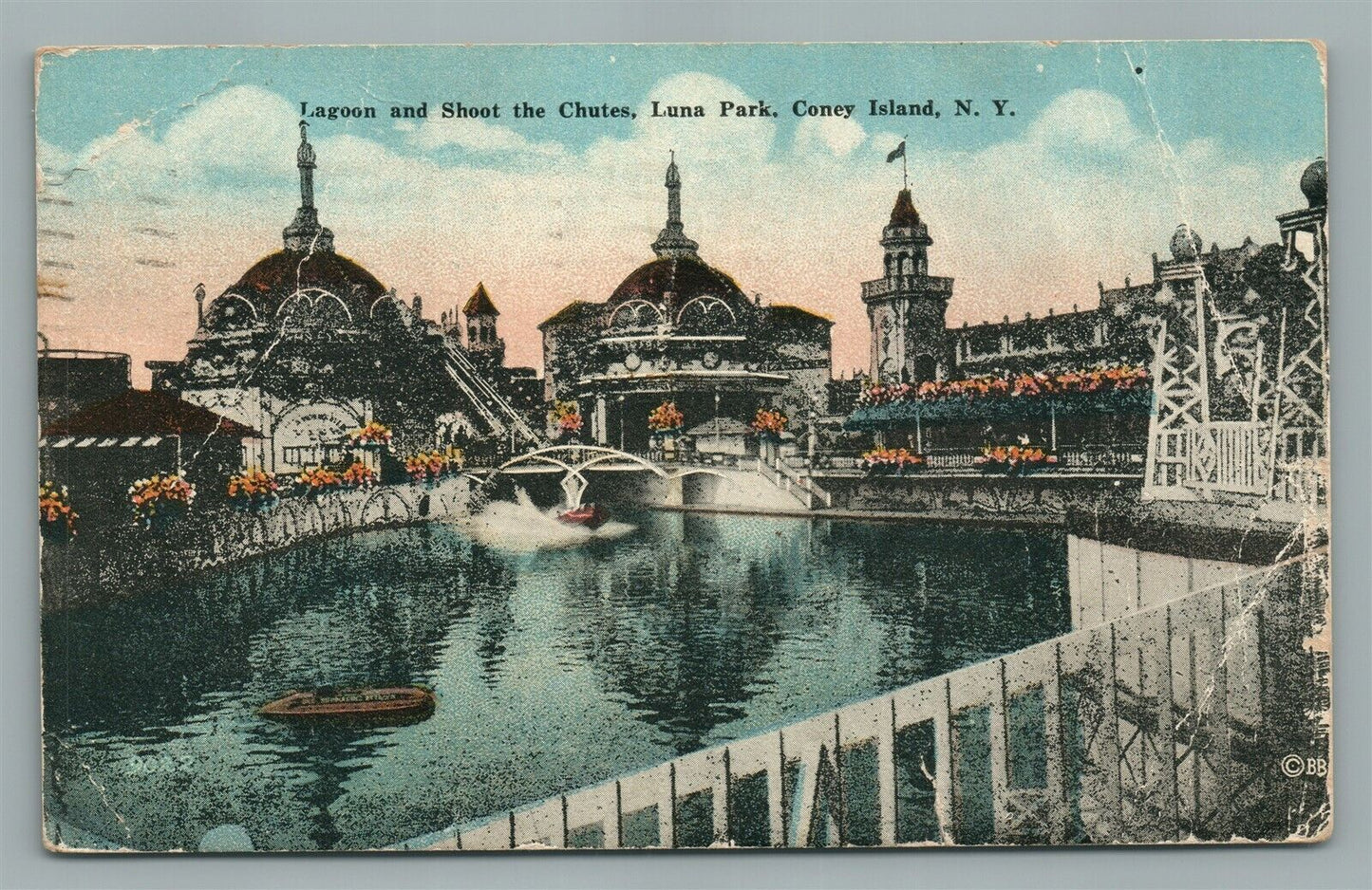 CONEY ISLAND BROOKLYN NY LUNA PARK LAGOON & SHOOT THE CHUTES ANTIQUE POSTCARD