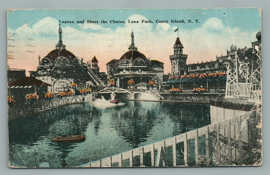 CONEY ISLAND BROOKLYN NY LUNA PARK LAGOON & SHOOT THE CHUTES ANTIQUE POSTCARD