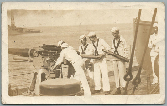 USS KANSAS CANNON CREW ANTIQUE REAL PHOTO POSTCARD RPPC w/ SHIP CANCEL